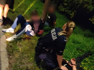 Policjantka kuca przy obezwładnionej osobie, obok niej są dwie osoby siedzące na trawniku z zapiętymi kajdankami.