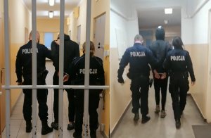 fotografia przedstawia zatrzymanych do przestępstwa metodą na policjanta z nimi stoją policjanci