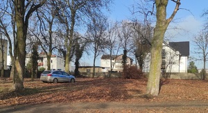Radiowóz stoi w parku pomiędzy drzewami