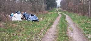Fotografia przedstawia śmieci porzucone przy gruntowej drodze