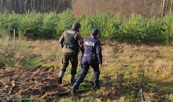 policjantka i strażnik miejski wchodzący do lasu