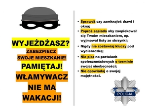 ulotka stop włamaniom do domów z poradami, jakie są w treści artykułu i grafiką zamaskowanych oczu i czapki charakterystycznej dla złodzieja