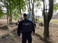 policjant stoi koło samochodu, któery jest pomiędzy drzewami