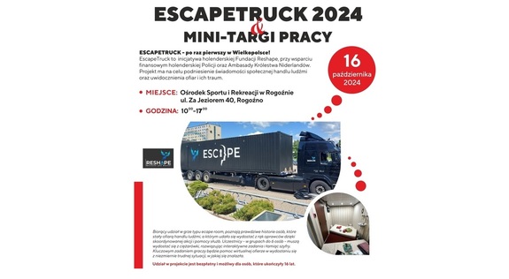 plakat promujący edycję escapetruck w Rogoźnie, zawierający w opisie treści zawarte w artykule