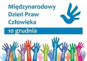 plakat przedstawiający różnokolorowe dłonie i napis Międzynarodowy dzień praw człowieka