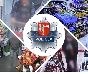 kompilacja zdjęć z monitoringów sklepowych z osobami i pólkami w alejkach, na środku gwiazda policji z logo herbu powiatu