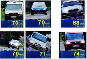 fotografia przedstawiająca 6 pojazdów przekraczających prędkość od 70 do 88 km/h