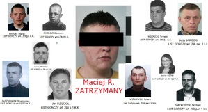 fotografia przedstawia zatrzymanego mężczyznę -wizerunek, obok wizerunki innych poszukiwanych osób za różne przestępstwa