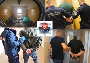 kolaż zdjęć z zatrzymanymi i logo policji po środku