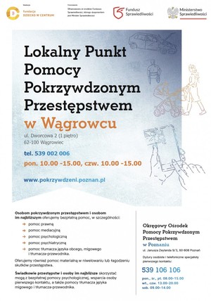 Plakat z adresem centrum pomocy pokrzywdzonym i zakresem usług