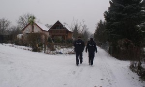 policjanci idą przez działki