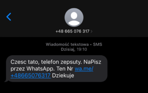 wysłany przez oszusta sms i rozmowa na komunikatorze, a na końcu sms z powiadomieniem cert