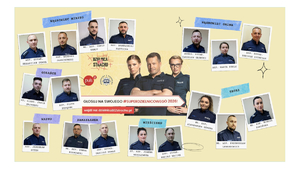 plakat kampanii z trzema aktorami, wokół wizerunki dzielnicowych z powiatu wągrowieckiego z podpisami  i oznaczeniami z której są gminy