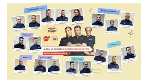 plakat kampanii z trzema aktorami, wokół wizerunki dzielnicowych z powiatu wągrowieckiego z podpisami  i oznaczeniami z której są gminy