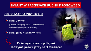 grafika z nowymi zakazami i policjantem trzymającym rękę w górze