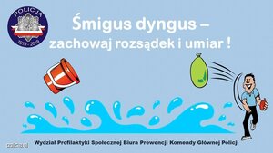 plakat śmigus dyngus - zachowaj rozsądek i umiar. niebieskie tło i postać animowana chłopca rzucającego balon z wodą