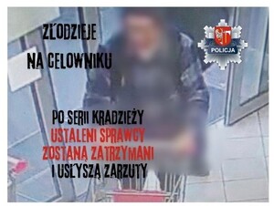 postać na monitoringu z wózkiem sklepowym, zamazany wizerunek i napisy złodzieje na celowniku, ustaleni sprawcy zostaną zatrzymani i usłyszą zarzuty