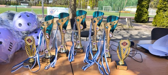 policjanci i samorządowcy wręczają nagrody młodzieży uczestniczącej w turnieju, wszyscy ustawiają się do zdjęć. zdjęcie w plenerze z nagrodami, obok drzewa namiot radiowozy, widok pucharów, medali