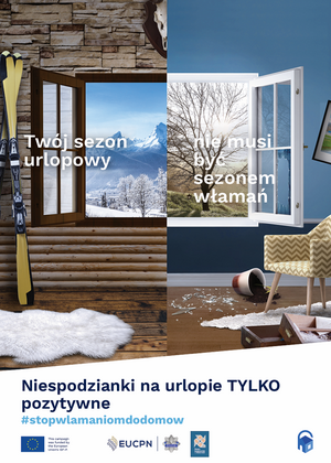 plakat kampanii z dużym oknem i hasłem stop włamaniom do domów