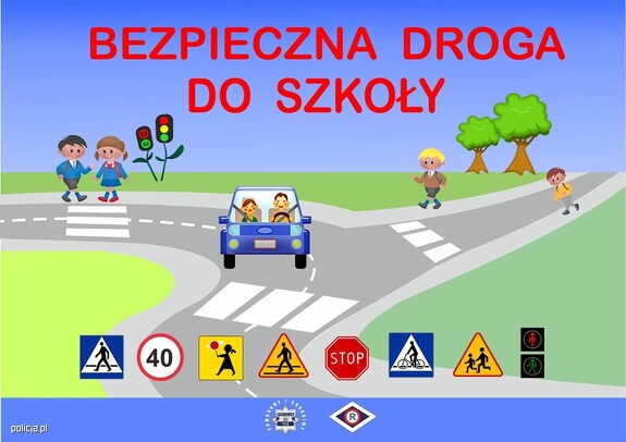 grafika akcji, przejście dla pieszych , samochód , jadący po drodze i haslo akcji